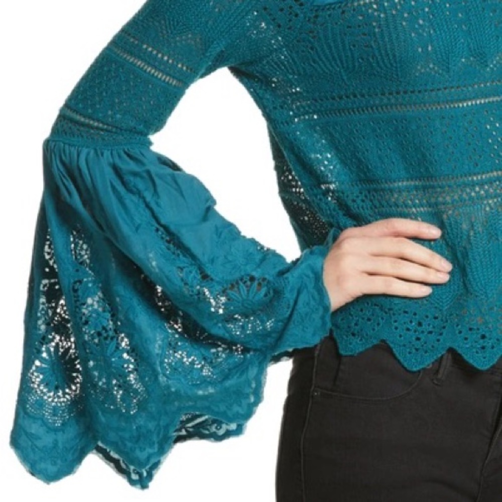 NWT Free People Once Upon A Time Crochet Embroidered Top XS Dark Teal - Picture 4 of 6